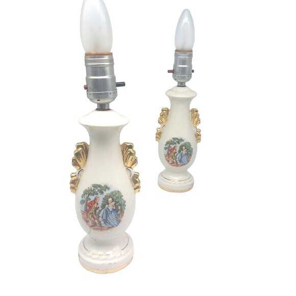 Vintage Glazed Gilded Porcelain Lamp Pair, Table Lighting Decor, Classic French - Picture 1 of 4